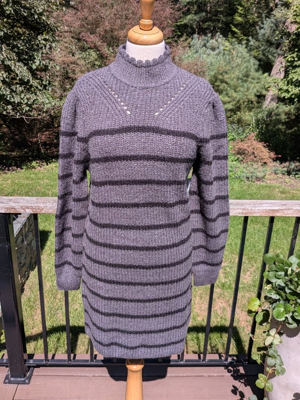 RD Style Lattice Stripe Scalloped Mock Neck Sweater Dress Gray Black